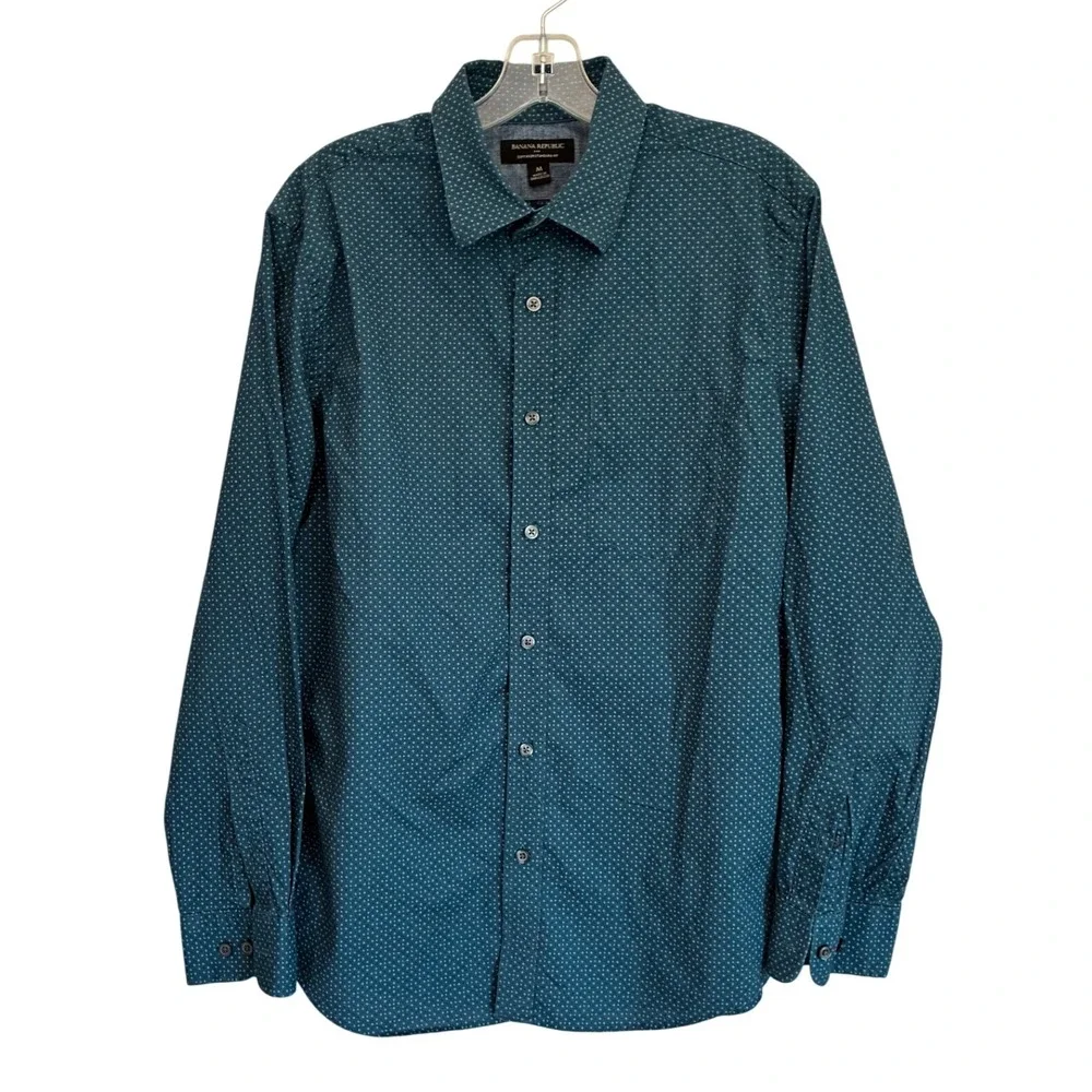 Banana Republic Mens Teal Blue Geometric Soft Wash Cotton Shirt Medium